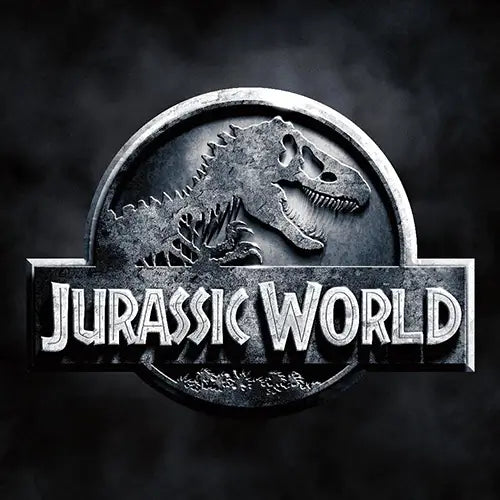 Jurassic World movie logo featuring t-rex on stone plate, with Jurassic World Title