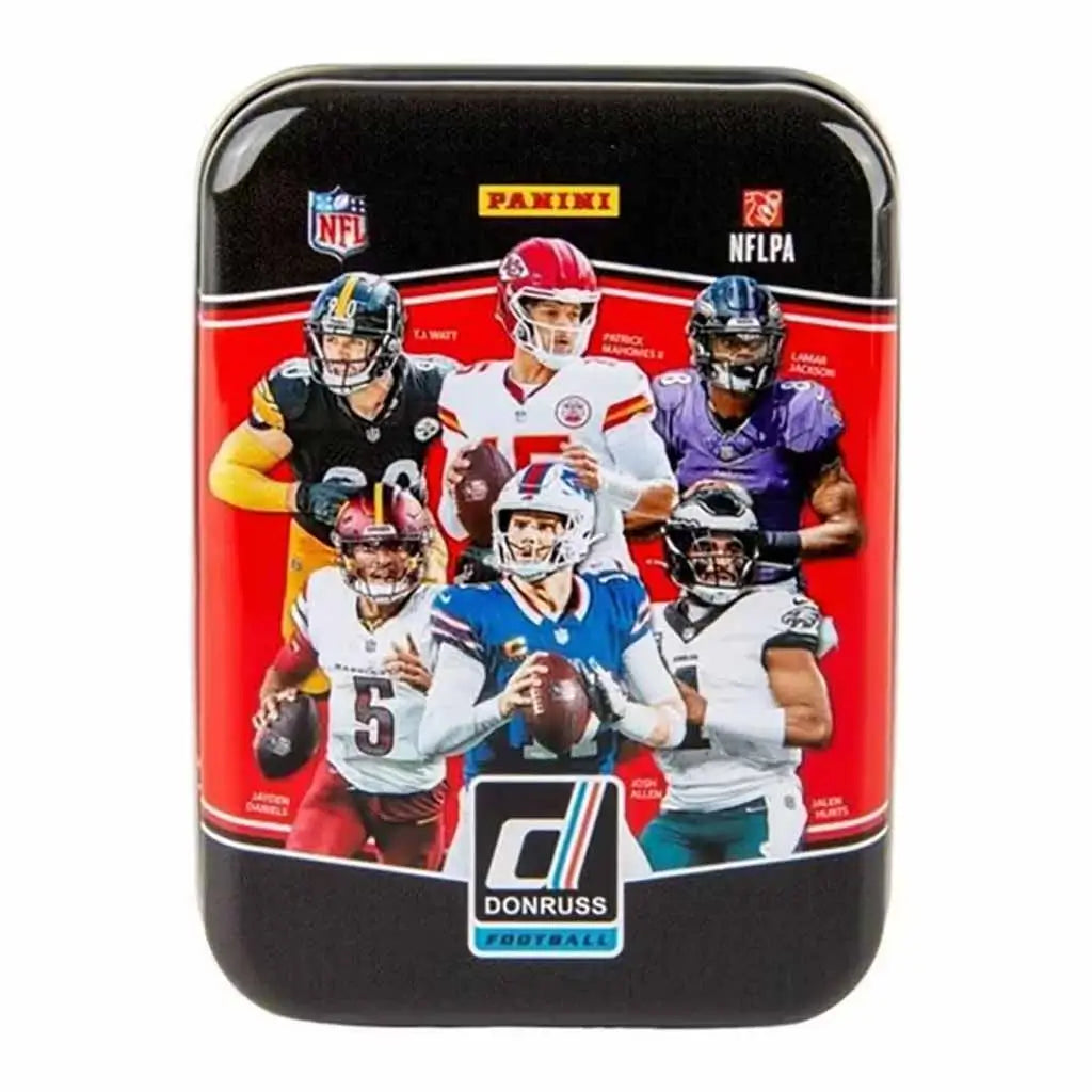 Panini Donruss Football Holiday Tin case with bold red and black design, showing NFL players including Mahomes and Allen under the official NFL and NFLPA logos, part of 2025 card series.