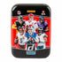 Panini Donruss Football Holiday Tin case with bold red and black design, showing NFL players including Mahomes and Allen under the official NFL and NFLPA logos, part of 2025 card series.