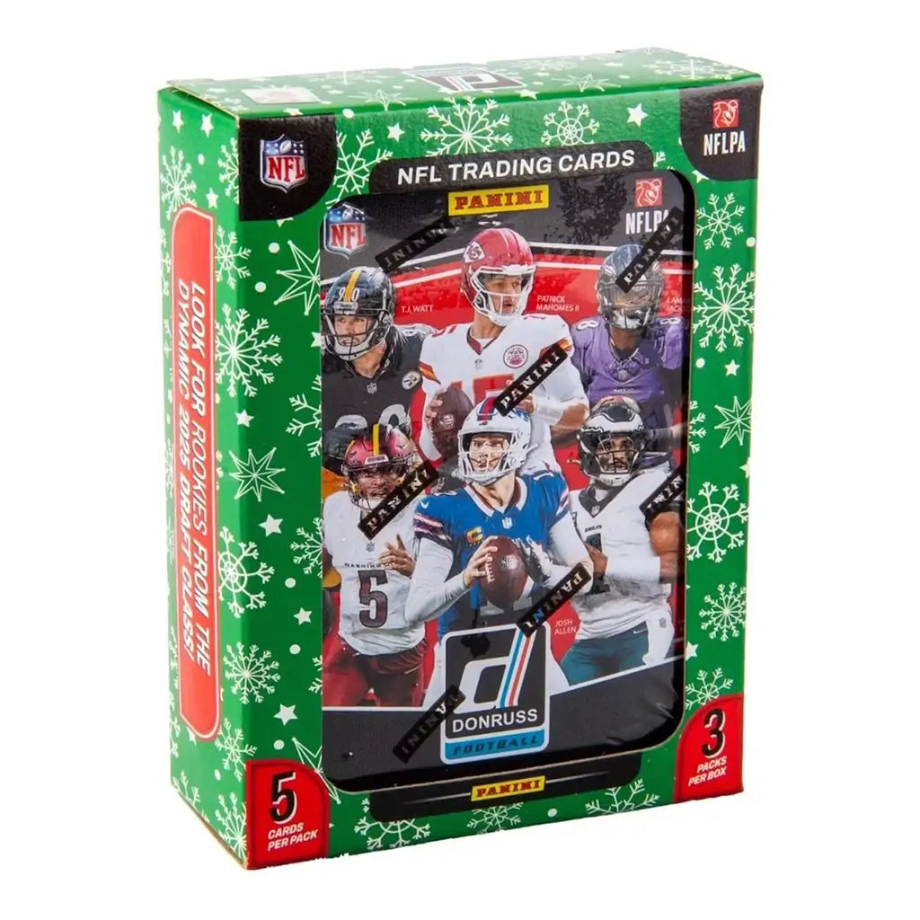 2025 Panini Donruss NFL Holiday Tin box with green snowflake design, featuring NFL stars like Patrick Mahomes and Josh Allen, containing 3 packs of 5 football trading cards per pack.