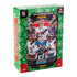 2025 Panini Donruss NFL Holiday Tin box with green snowflake design, featuring NFL stars like Patrick Mahomes and Josh Allen, containing 3 packs of 5 football trading cards per pack.