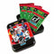 Open 2025 Panini Donruss NFL Holiday Tin showing collectible trading card packs with festive green wrappers, tin lid featuring top NFL athletes and Donruss Football logo branding.
