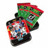 Open 2025 Panini Donruss NFL Holiday Tin showing collectible trading card packs with festive green wrappers, tin lid featuring top NFL athletes and Donruss Football logo branding.