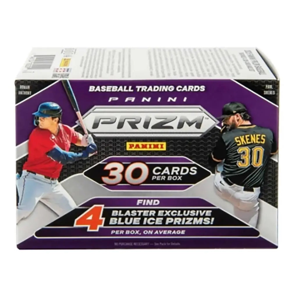 Panini Prizm 2025 baseball trading card box side view with promotional text highlighting blaster-exclusive Blue Ice and Red Pulsar Prizms, featuring MLB prospects artwork.