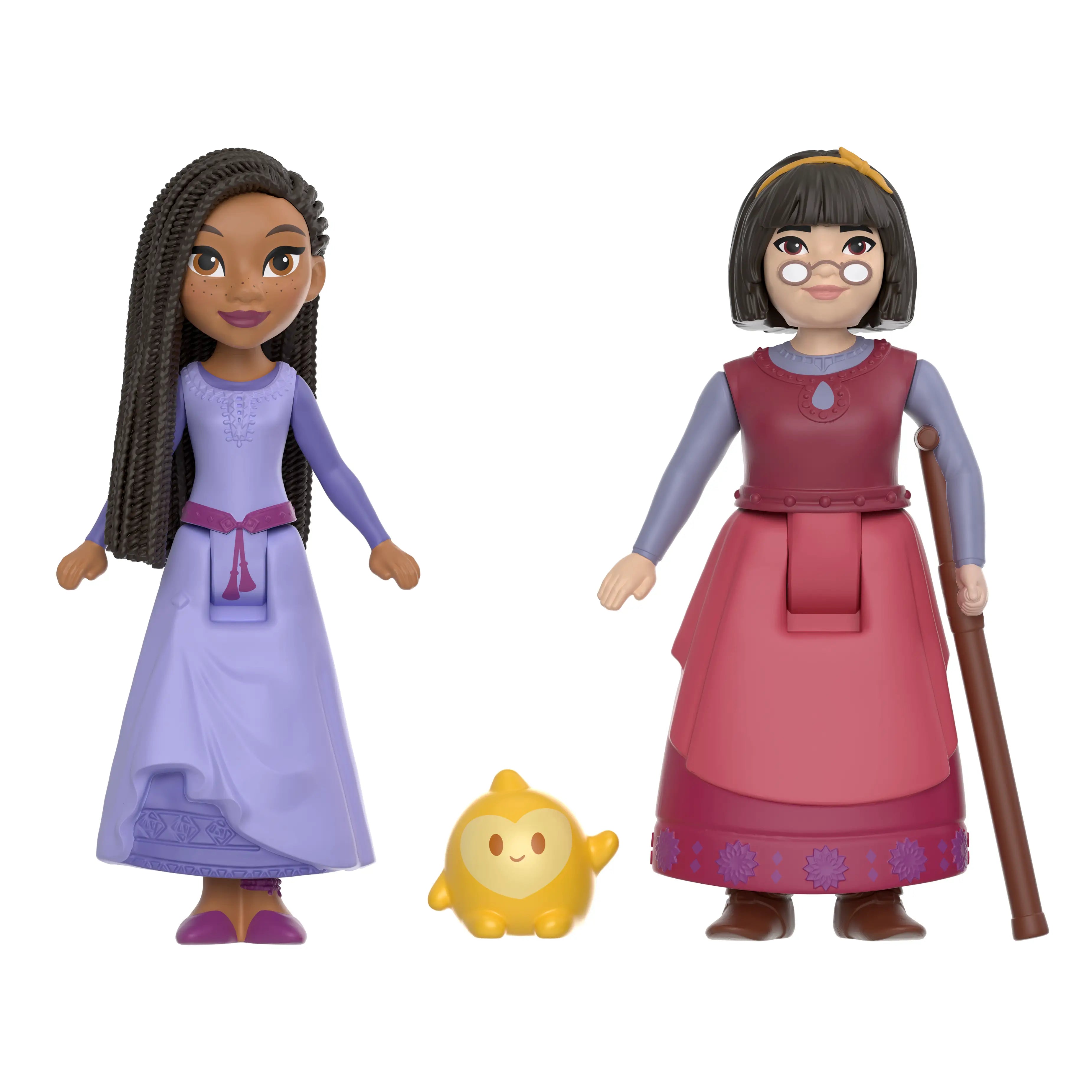 Disney Wish doll trio features Asha in purple dress, Dahlia in red layered outfit with cane, and Star in bright yellow, designed for imaginative play and storytelling fun.