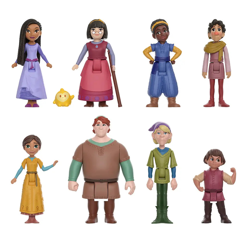 Disney Wish mini doll set shows Asha with her group of friends from Rosas, dressed in colorful outfits, each figure styled for creative storytelling and collectible display.