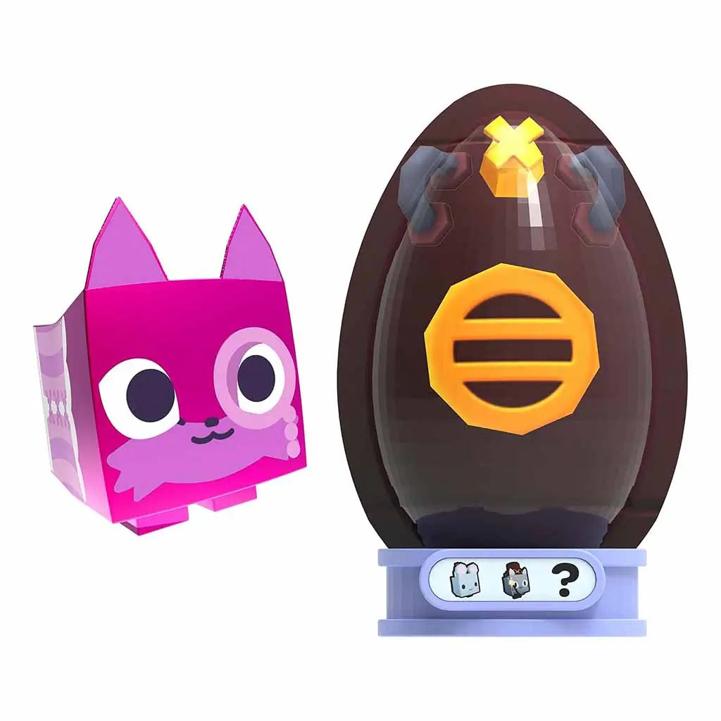 Pet Simulator toy figure in bright pink with large cartoon eyes beside a dark egg marked with yellow X and circle symbols, part of the PhatMojo collectible mystery pack set.