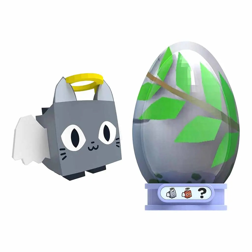Pet Simulator toy set showing gray angel cat figure with halo and winged design beside a green egg with leaf pattern, both placed on light blue display stands from PhatMojo Series 2.