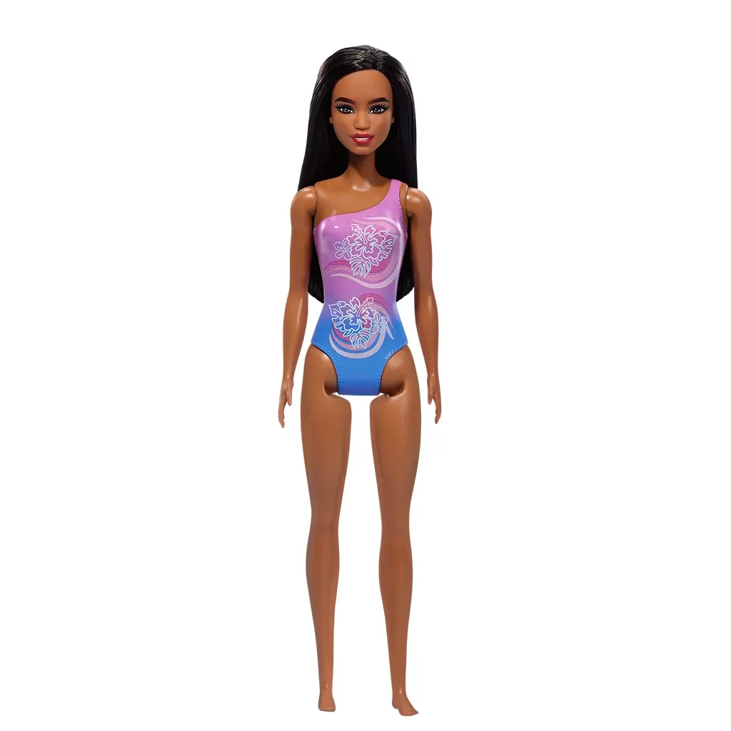 Barbie doll standing upright with long dark hair and a vibrant purple-to-blue ombre one-shoulder swimsuit, detailed with white hibiscus flowers and wavy designs.