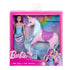 Mattel Barbie doll and pink unicorn playset in retail packaging, showing the purple-haired Barbie with floral dress and her pastel unicorn with yellow horn and blue mane.