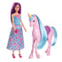 Barbie doll with long purple hair wearing a floral dress stands beside a glossy pink unicorn toy with blue mane and yellow horn, perfect for magical pretend play adventures.
