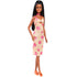 Barbie Fashionistas 233 doll posed at an angle, dressed in a yellow and white checkered midi dress with pink flowers, orange platform sandals, and pink bead necklace.