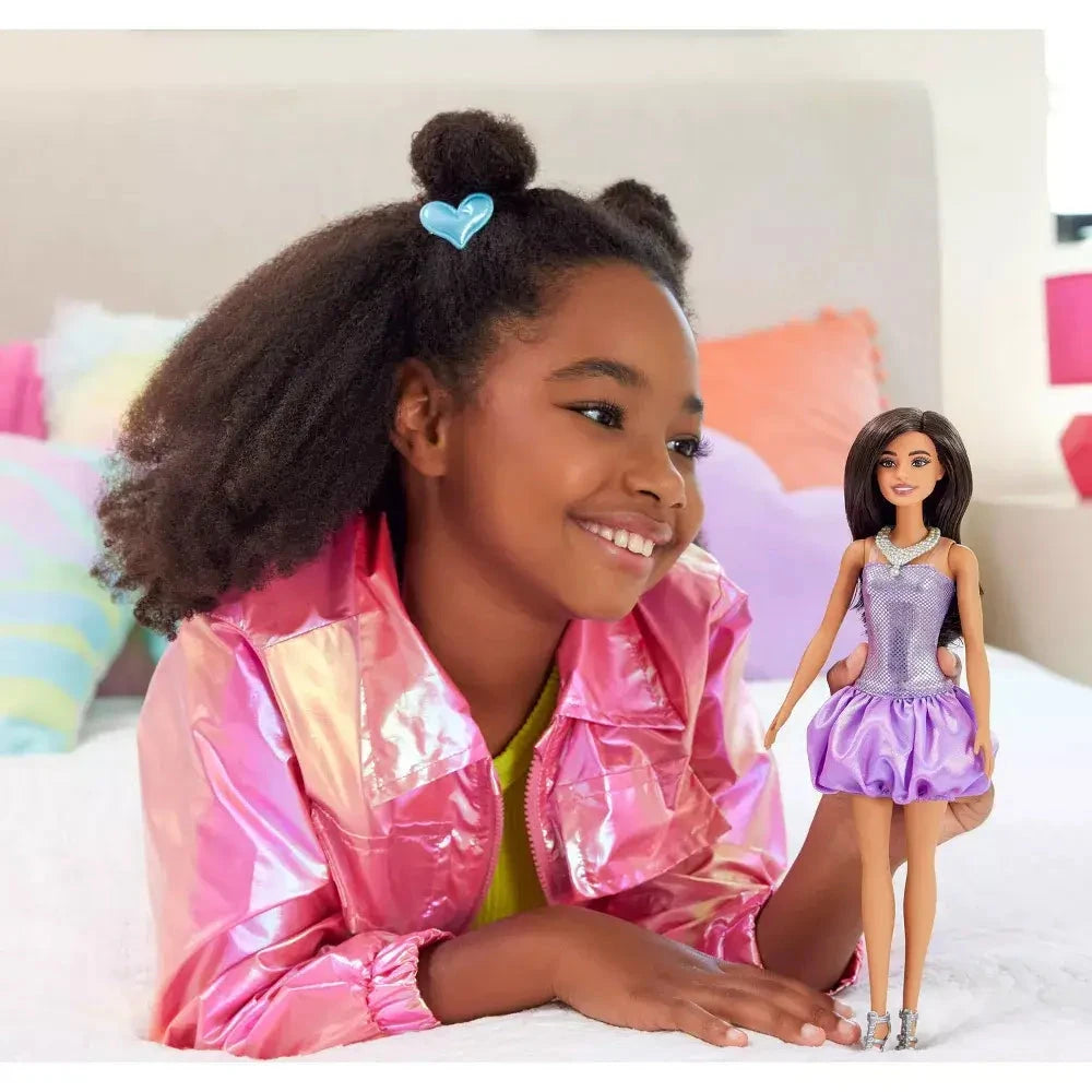 Barbie Fashionistas #234 Sequined Purple Dress and Silvery Accessories with Brown Hair Fashion Doll