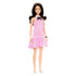 Barbie Fashionistas doll 224 posed at an angle, showcasing black wavy hair, pink gingham ruffle dress, black bow accent, bracelet, and casual white flat shoes.