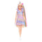 Barbie blonde fashion doll with extra-long platinum hair styled in braids, wearing a pastel kitten-print dress with purple ruffle collar and rainbow hair extension accessory.