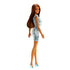 Rear angled view of Barbie doll wearing metallic polka dot one-shoulder blue dress with sheer ruffle detail, long brown hair flowing down back, and strappy high heels on white.