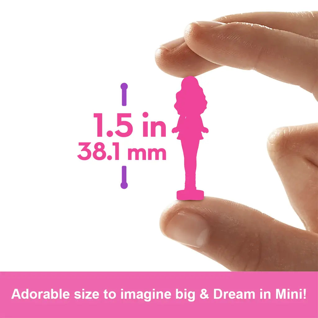 Barbie Mini BarbieLand Pop Reveal size guide showing the collectible doll at 1.5 inches tall, held between two fingers with measurement graphics for scale reference.