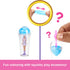 Barbie Mini BarbieLand Pop Reveal shown with unboxing steps, featuring a squishy play accessory and a tiny doll displayed inside a clear cup with blue dome lid.