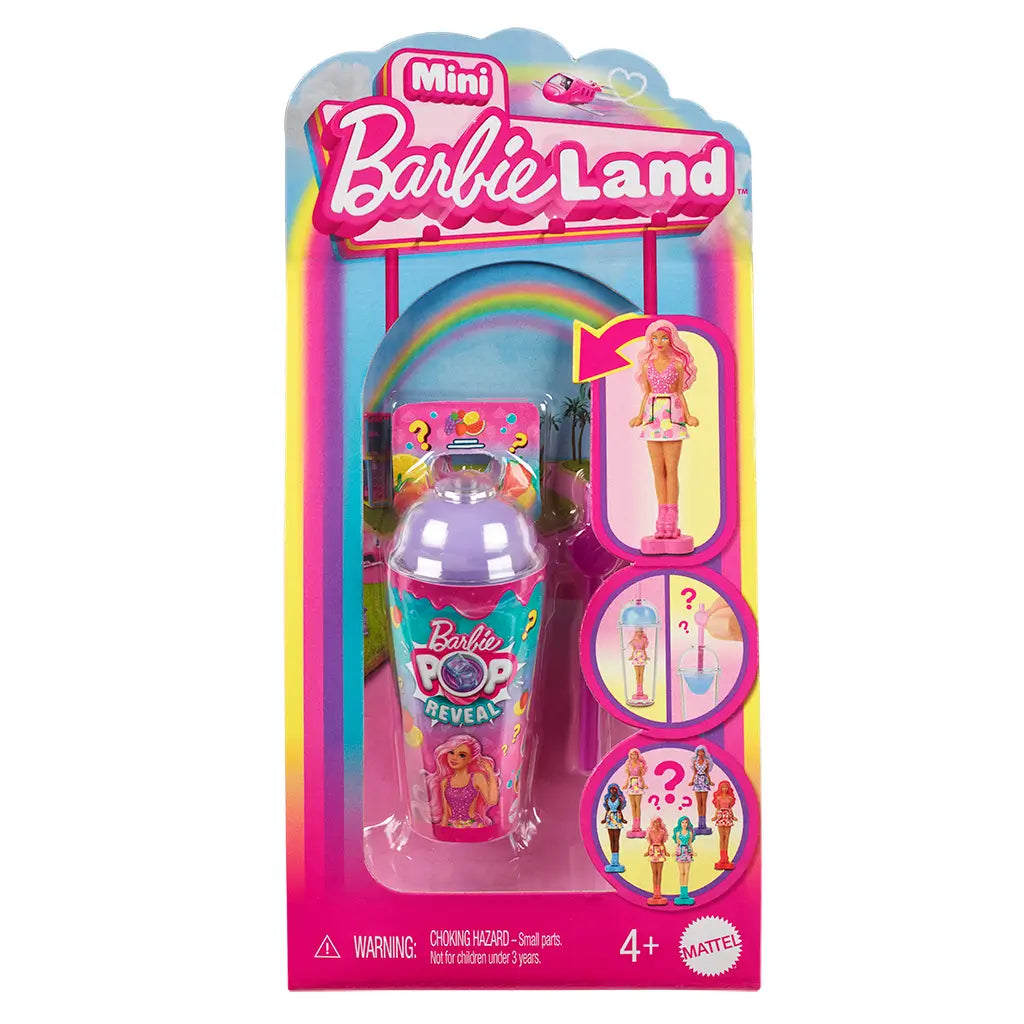 Barbie Mini BarbieLand Pop Reveal toy in bright packaging, featuring a surprise 1.5-inch mini doll inside a colorful drink cup container with fun unboxing graphics.