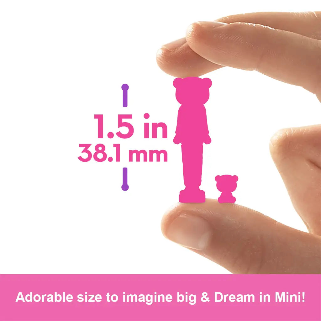 Pink silhouette of Barbie Cutie Reveal mini doll and pet held between fingers with measurement text, showing 1.5-inch size designed for compact collectible play and portability.