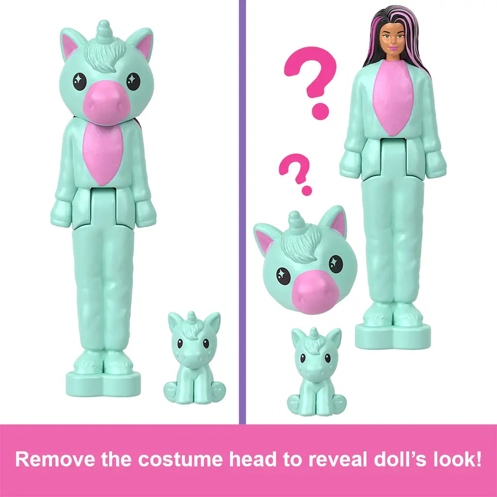 Barbie Cutie Reveal mini doll in turquoise unicorn costume with pink belly and matching pet, displayed both masked and unmasked to highlight surprise transformation play.