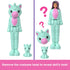Barbie Cutie Reveal mini doll in turquoise unicorn costume with pink belly and matching pet, displayed both masked and unmasked to highlight surprise transformation play.