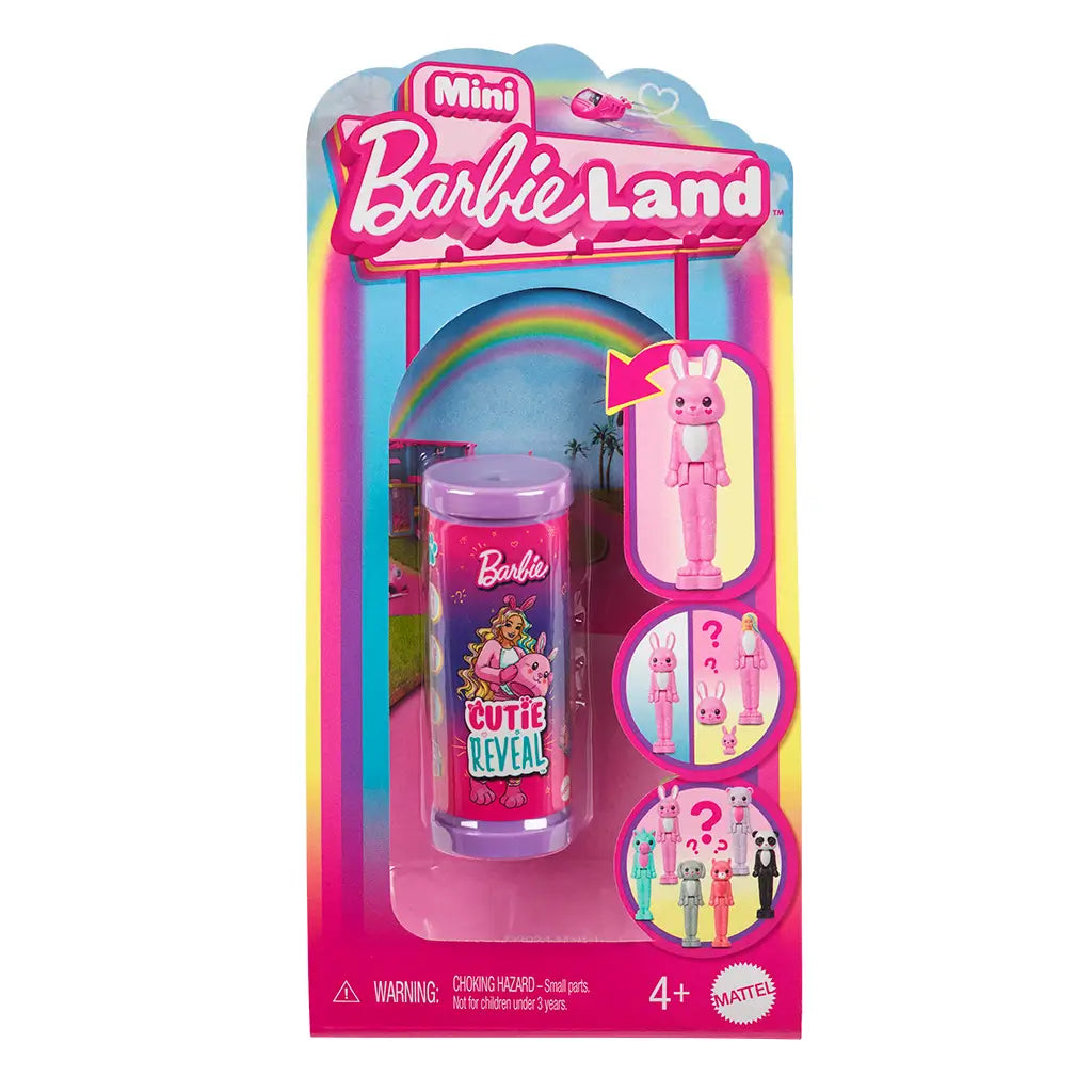 Barbie Mini Barbie Land Cutie Reveal packaging with rainbow background, featuring a surprise doll inside a pink costume tube that transforms into playful animal-inspired figures.