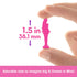 Pink silhouette of Barbie Mini doll held between fingers with text showing 1.5-inch size, emphasizing its compact scale for imaginative small-world play and easy collection.