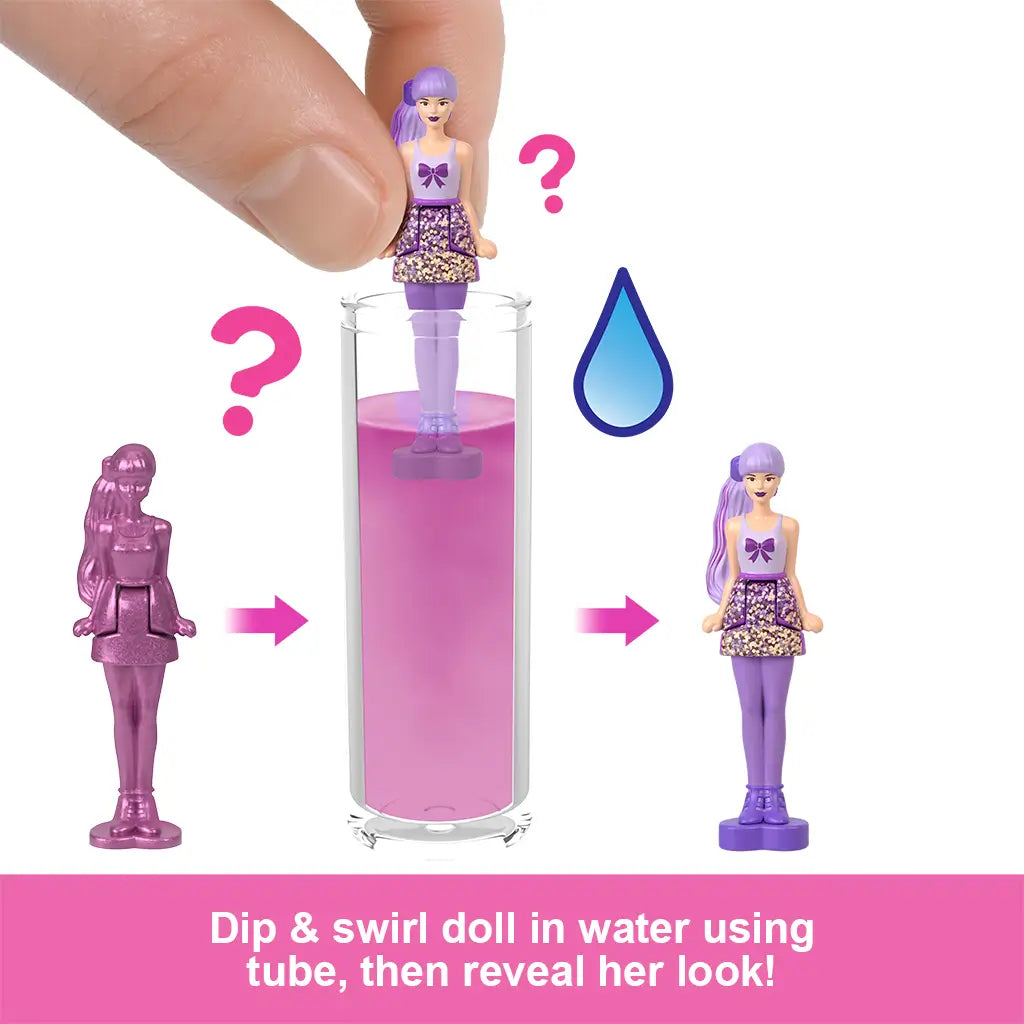 Step-by-step guide of Barbie Color Reveal mini doll dipped in water, transitioning from purple-coated figure to a fully revealed doll in a sparkly purple outfit with bow design.