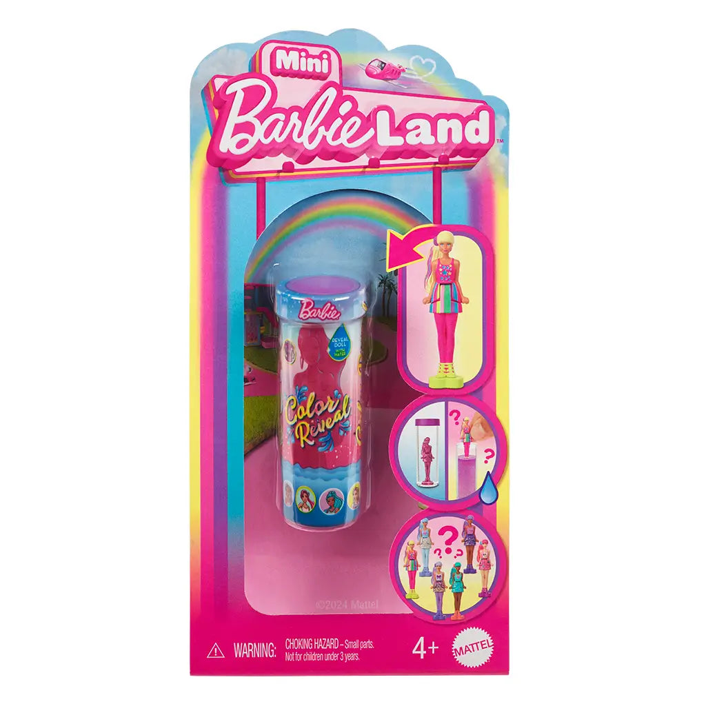Barbie Mini Barbie Land Color Reveal packaging with rainbow background, pink tube, and surprise doll inside, highlighting water-activated reveal play and collectible options.