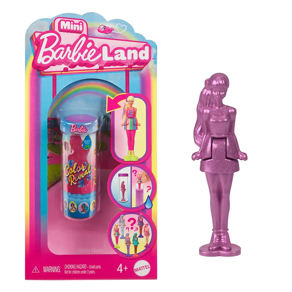 Barbie Color Reveal mini doll shown in shiny purple coating with a high ponytail, skirt, and boots, ready for water reveal play that uncovers her hidden outfit and style.