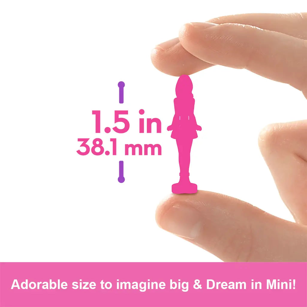 Barbie Mini BarbieLand collectible shown at 1.5 inches tall, highlighted in pink graphics between fingers to emphasize the small, portable toy doll size.