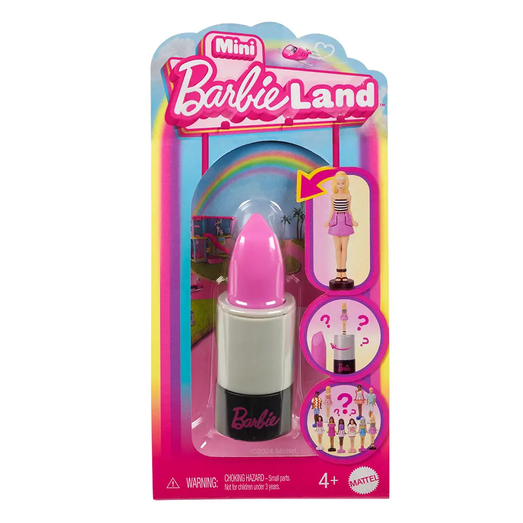 Barbie Mini BarbieLand Fashionistas toy set featuring a lipstick-shaped container with bright pink top that twists open to reveal a 1.5-inch collectible doll inside.
