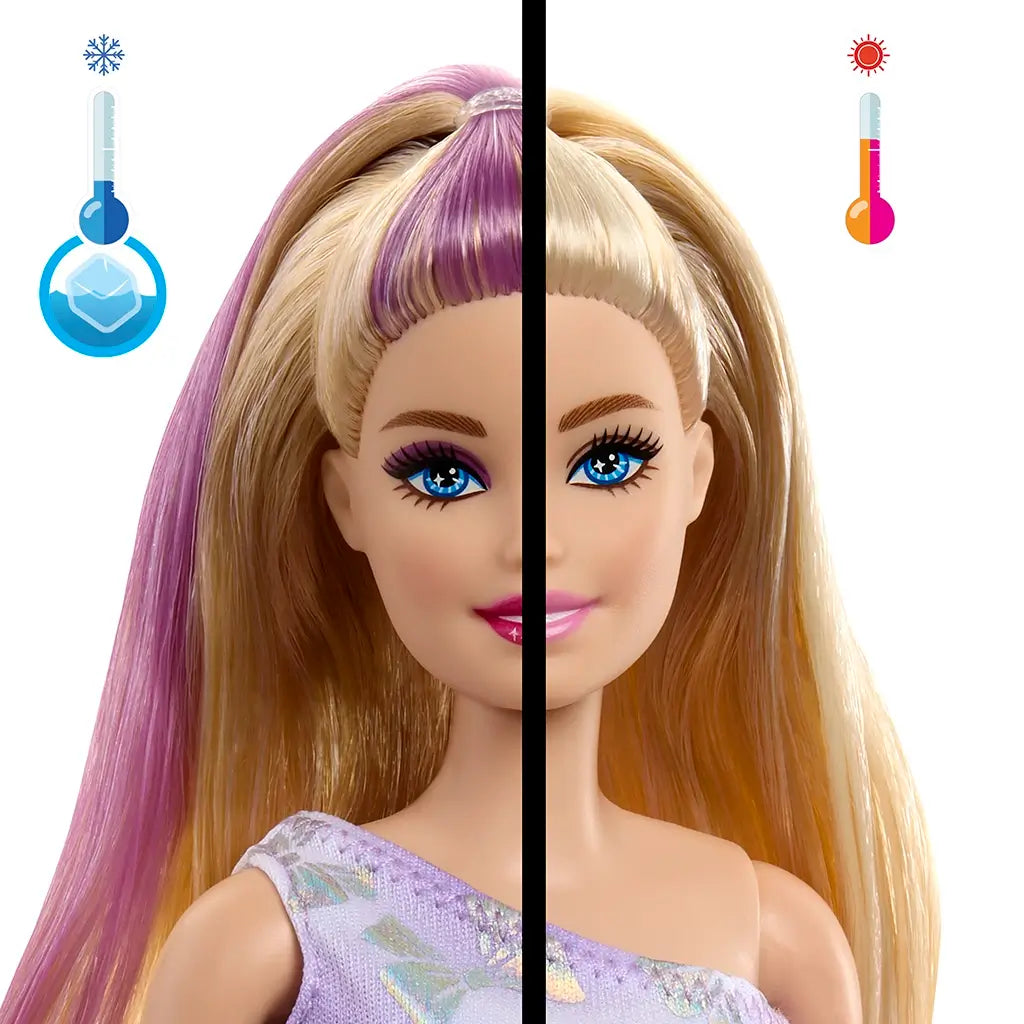 Barbie Party Unboxed doll with long blonde and pink streaked hair demonstrates color change effect, shifting from purple in cold to golden blonde in warm temperatures.