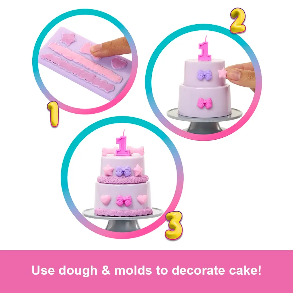 Barbie Party Unboxed playset feature shows using included dough and molds to decorate a tiered birthday cake with pink bows, stars, and a large number one candle topper.