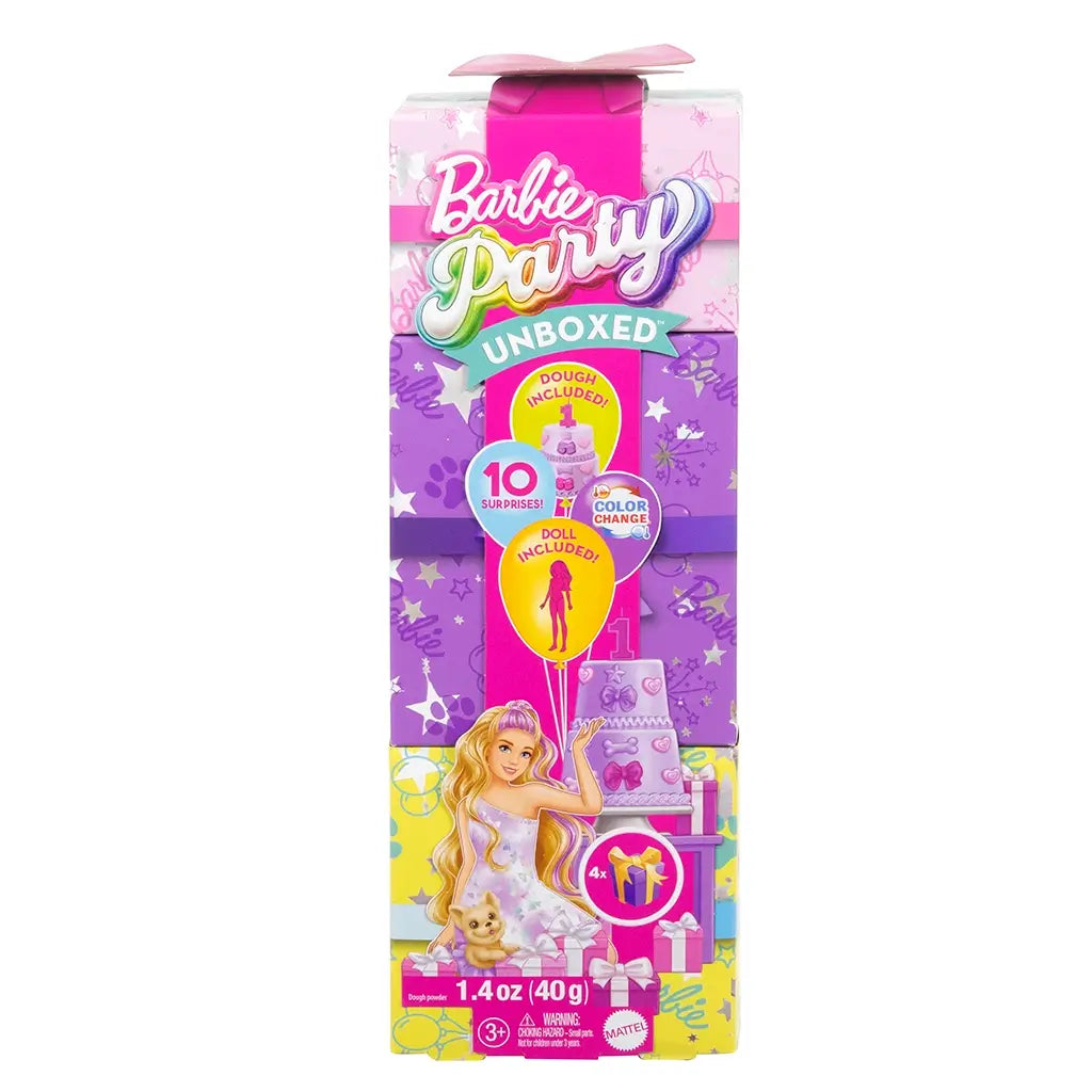 Retail package of Barbie Party Unboxed Pet Birthday series shows included doll, pet, cake, and surprise gifts, with bright purple and yellow design and party graphics.