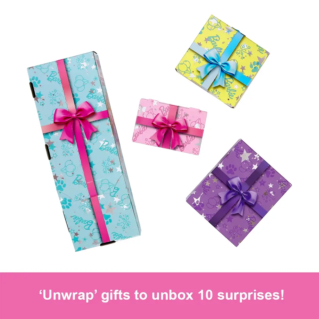 Barbie Party Unboxed playset shows four colorful gift boxes in blue, pink, purple, and yellow with bows, each containing surprise doll accessories for birthday play.
