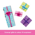 Barbie Party Unboxed playset shows four colorful gift boxes in blue, pink, purple, and yellow with bows, each containing surprise doll accessories for birthday play.