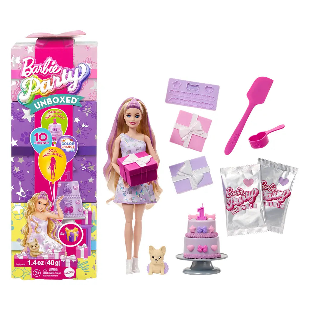 Barbie Party Unboxed Pet Birthday set includes doll in pastel dress, surprise gift boxes, accessories, dough packs, pet dog, and a decorative birthday cake with molds.