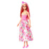 Barbie doll angled view shows pink-and-blonde hair, pearl necklace, pink floral bodice, butterfly-print satin skirt, and glossy pink high heels for a coordinated princess look.