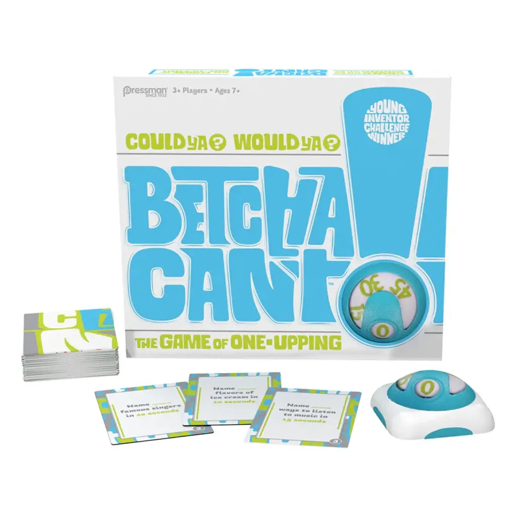 Complete Betcha Can’t family game by Pressman including the main box, challenge cards with fun prompts, and the blue and white buzzer device used for competitive one-upping gameplay.