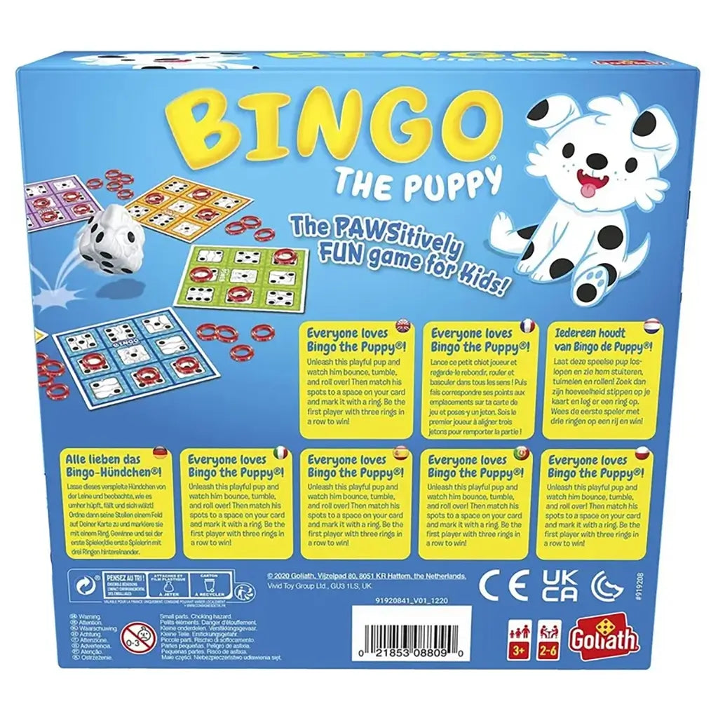 Back packaging of Pressman’s Bingo The Puppy game showing product details, gameplay instructions, and illustrations of the puppy die and bingo boards in multiple languages.