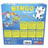 Back packaging of Pressman’s Bingo The Puppy game showing product details, gameplay instructions, and illustrations of the puppy die and bingo boards in multiple languages.