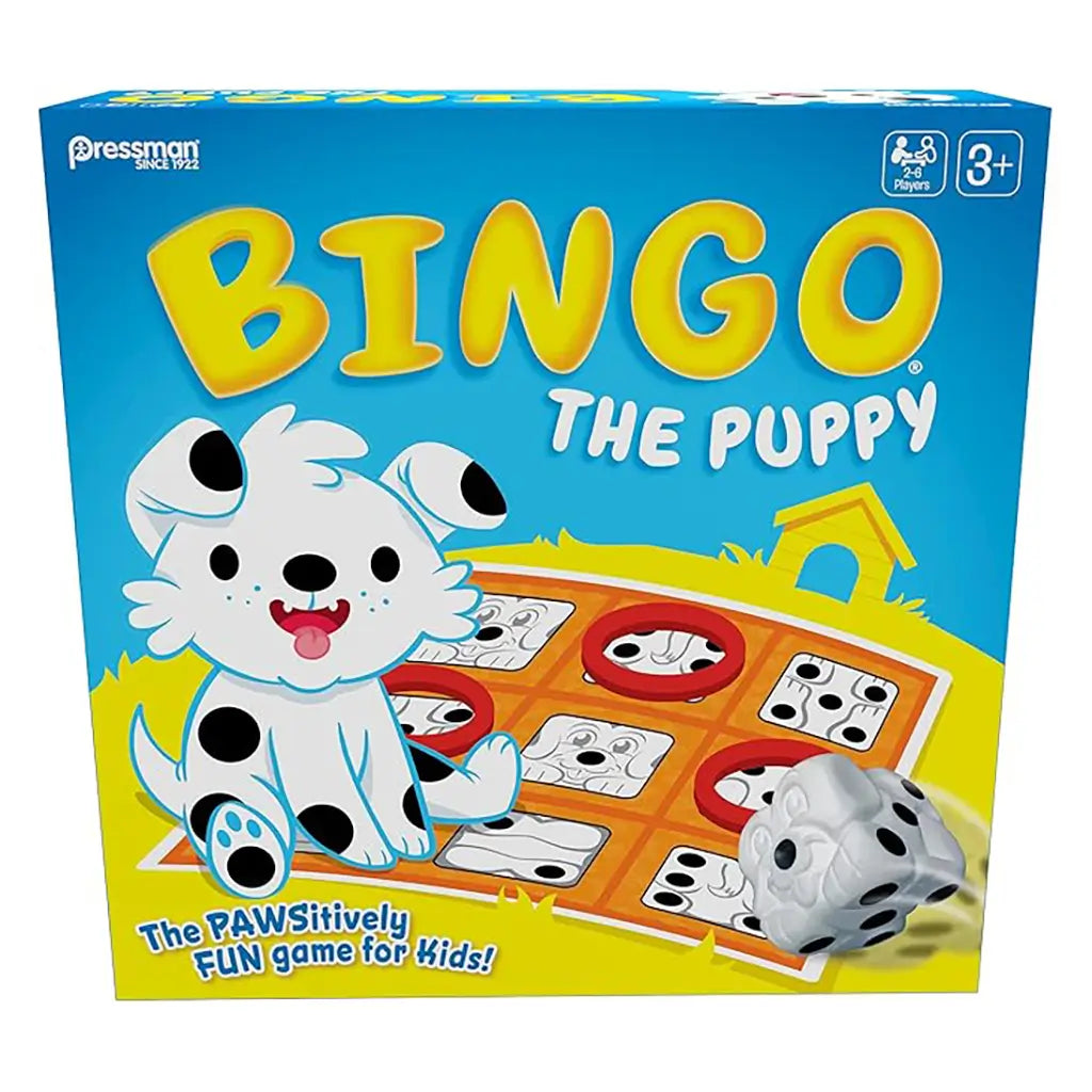 Front packaging of Pressman’s Bingo The Puppy board game featuring a happy cartoon Dalmatian puppy beside a bingo board with bone and paw print designs, suitable for kids ages 3 and up.