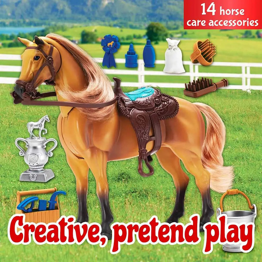 Blue Ribbon Champions Quarter Horse toy posed outdoors with grooming brushes, ribbons, and trophies, encouraging creative pretend play with 14 detailed horse care accessories.