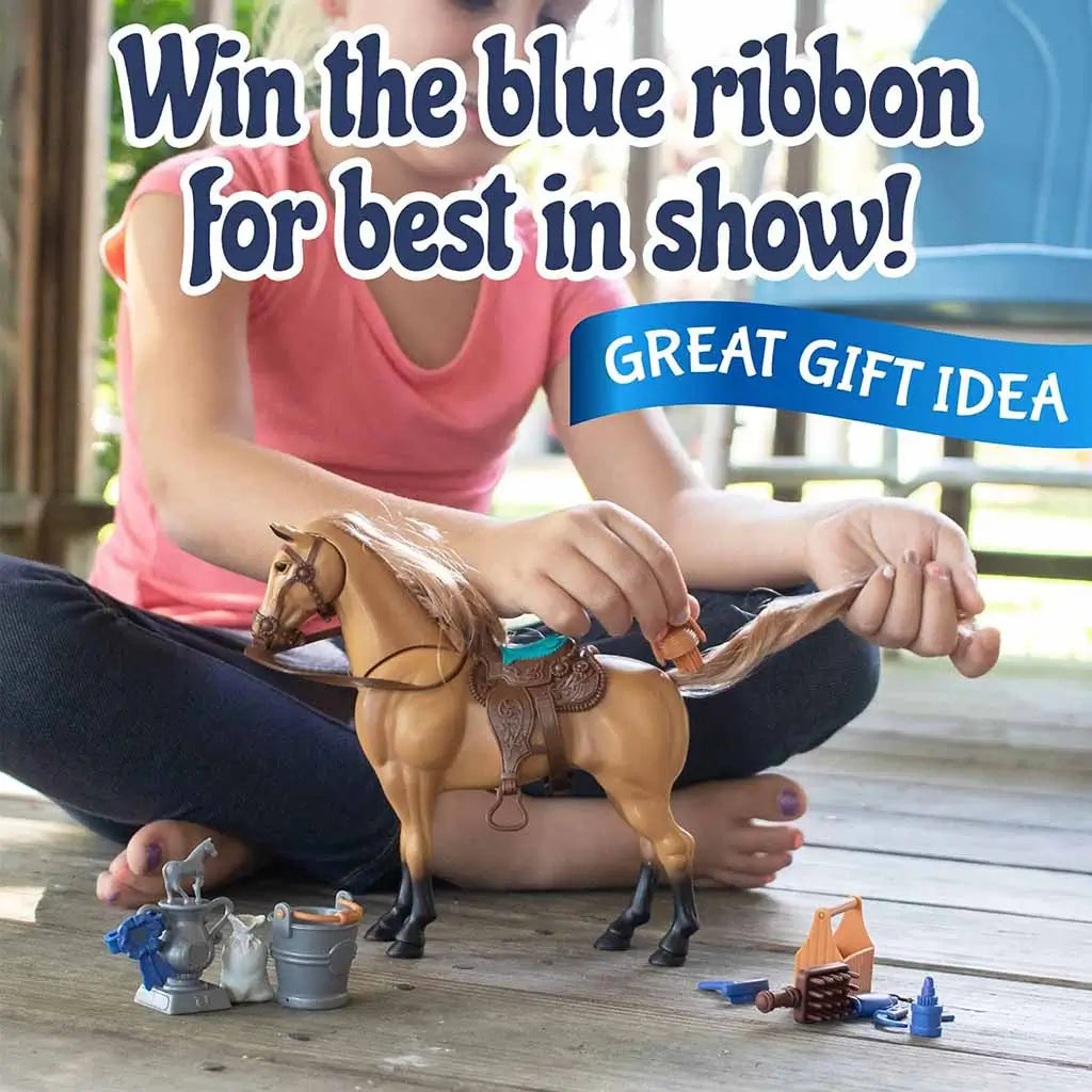 Child playing with Blue Ribbon Champions Deluxe Quarter Horse toy, brushing its mane and arranging accessories, promoting creative and nurturing playtime.