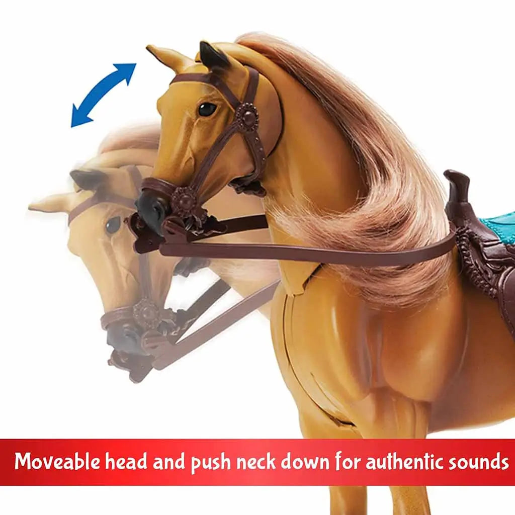 Blue Ribbon Champions Quarter Horse toy close-up showing moveable head and neck that trigger authentic horse sounds, enhancing lifelike play.