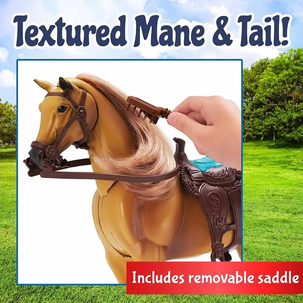Close-up of Blue Ribbon Champions Quarter Horse toy showing textured mane being brushed and brown removable saddle, highlighting realistic grooming features.