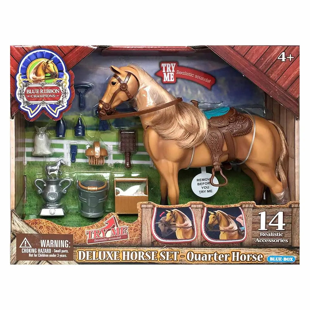 Blue Ribbon Champions Deluxe Horse Set Quarter Horse toy in display box, featuring tan horse with saddle, grooming tools, and 14 accessories for realistic play and sound effects.