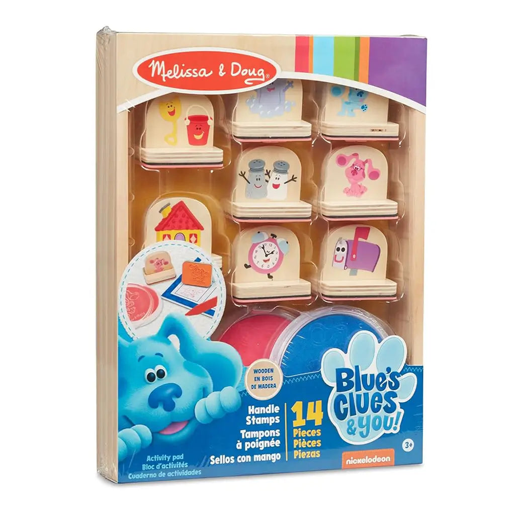Boxed Melissa & Doug Blue’s Clues & You! wooden handle stamp set with 14 pieces including character stamps, ink pads, and an activity pad that promotes imaginative, educational art play for kids.